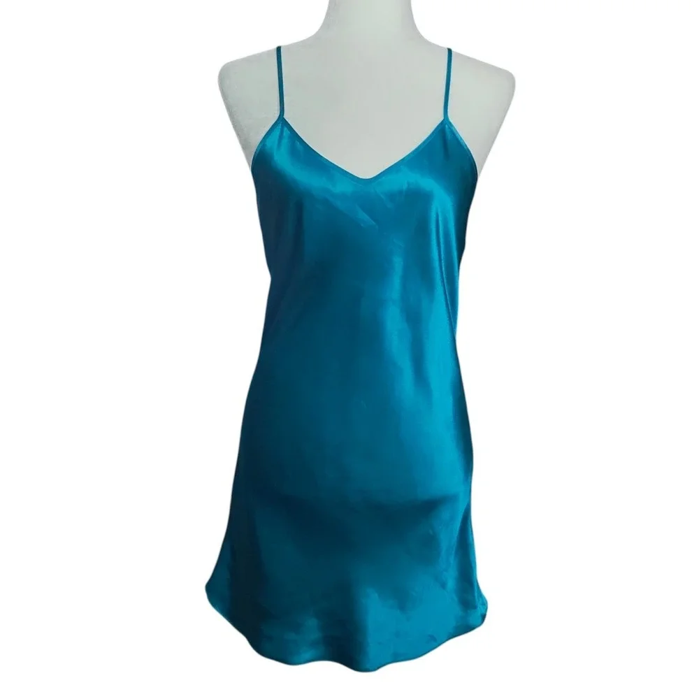 Vintage Victoria's Secret Gold Label Teal Blue Satin Slip Dress Small V-Neck 90s